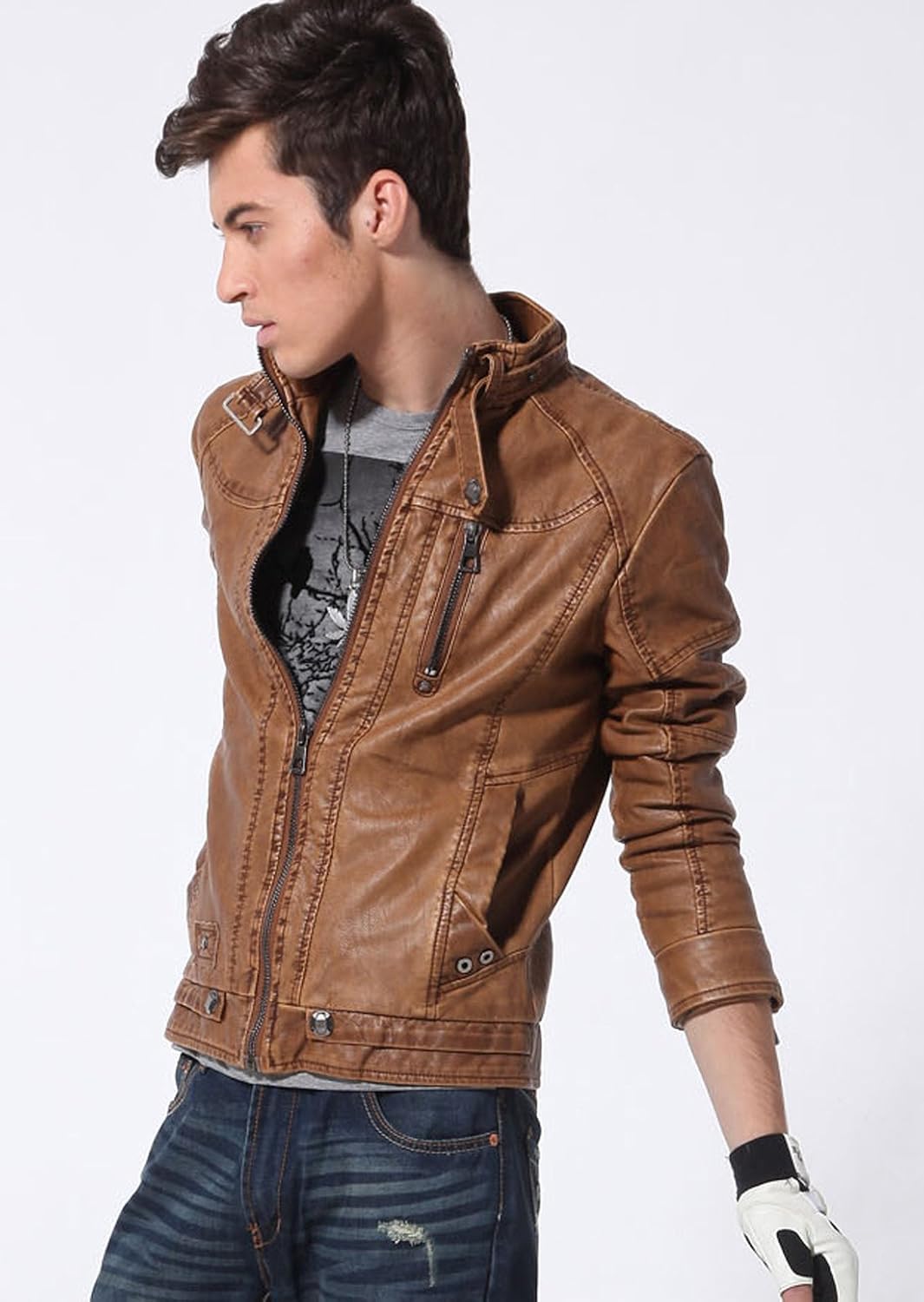 chouyatou Men's Vintage Stand Collar Pu Leather Jacket (XX-Large, Brown)