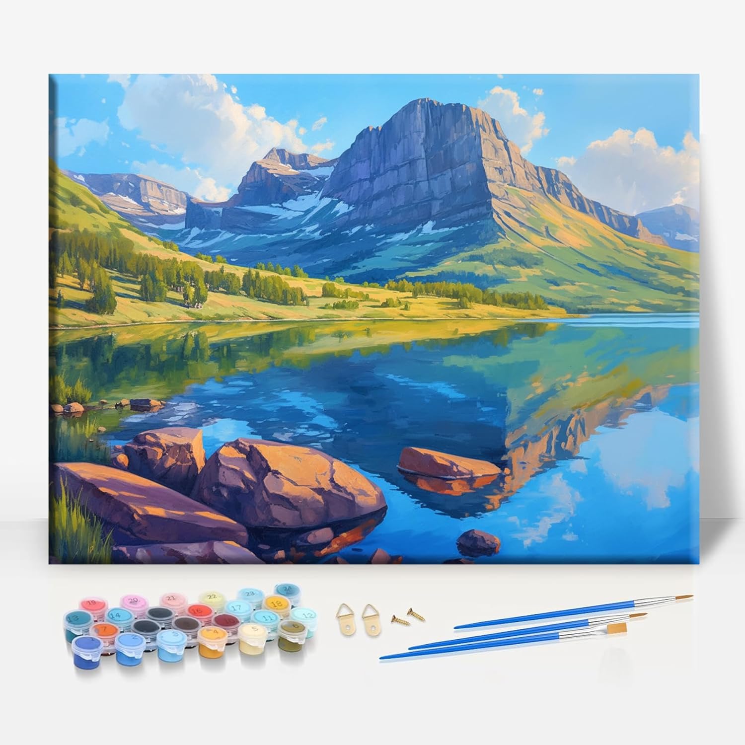 Aeontinity Avalanche Lake Montana Framed Canvas DIY Paint by Numbers Kit Bar Cafe Cave Home Room Wall Bathroom Porch Patio Decor Gift, 16 x 12 Inch