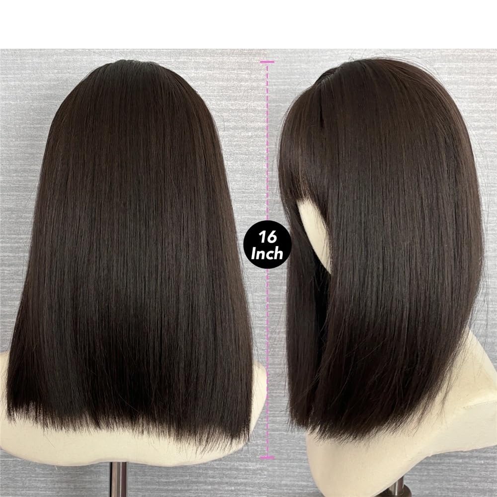 16 Zoll natürliche schwarze lange gerade geschichtete Ponyperücken Hitzebeständige Kunstfaserperücken for Damen for den täglichen Gebrauch Fügt Haarvolumen hinzu
