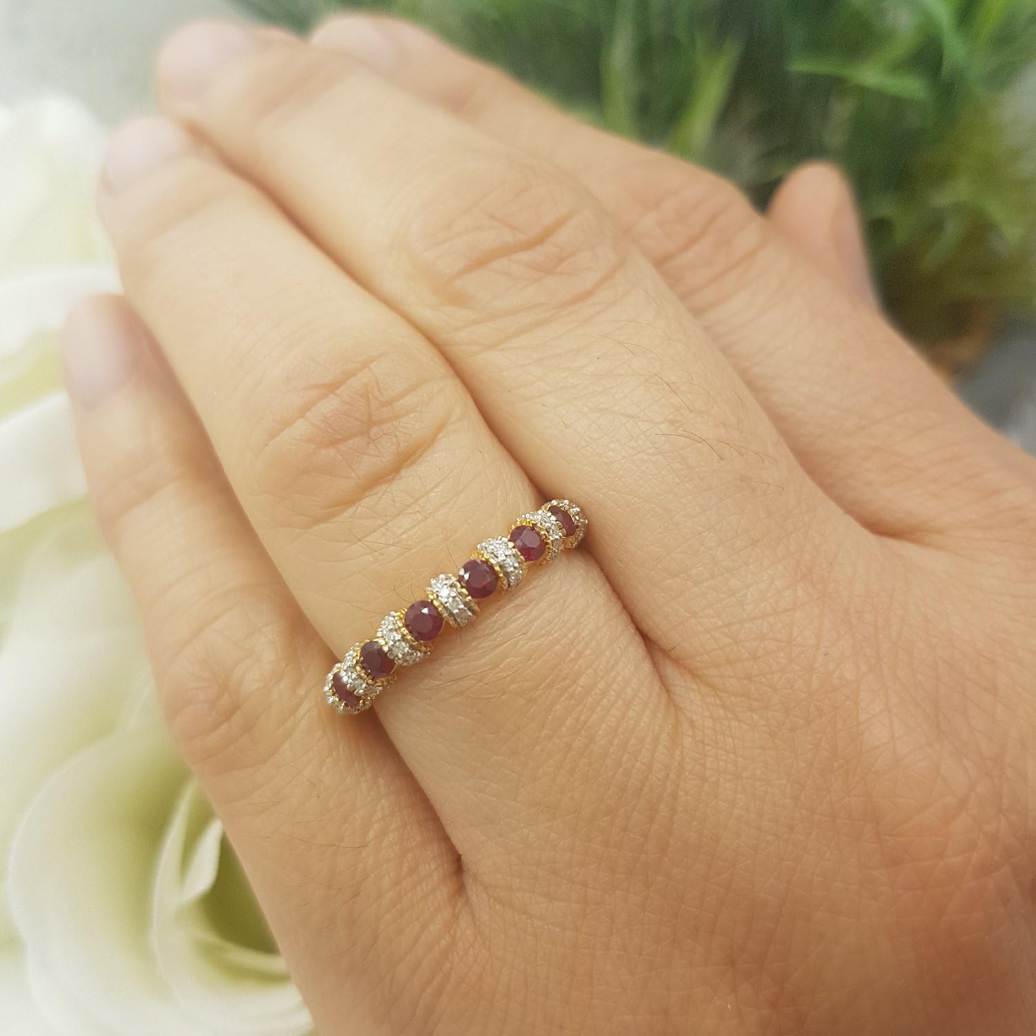 14K Solid Gold Round Ruby And White Diamond Womens Bridal Stackable Wedding Band Anniversary Ring - Image 3