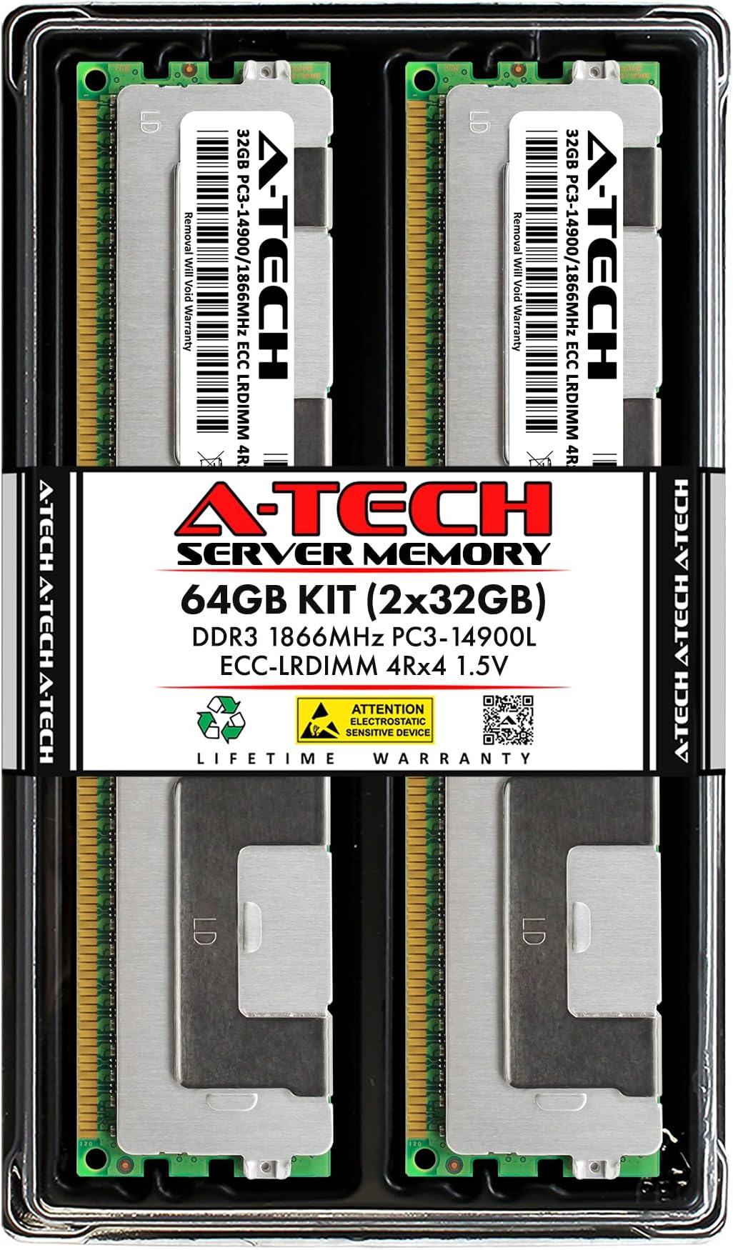 A-Tech Server 64GB Kit (2 x 32GB) DDR3 PC3-14900 1866MHz ECC Load Reduced 4Rx4 1.5V 240-Pin LRDIMM Quad Rank Server Memory RAM Modules (AT32G2D3D1866LQ4N15V)
