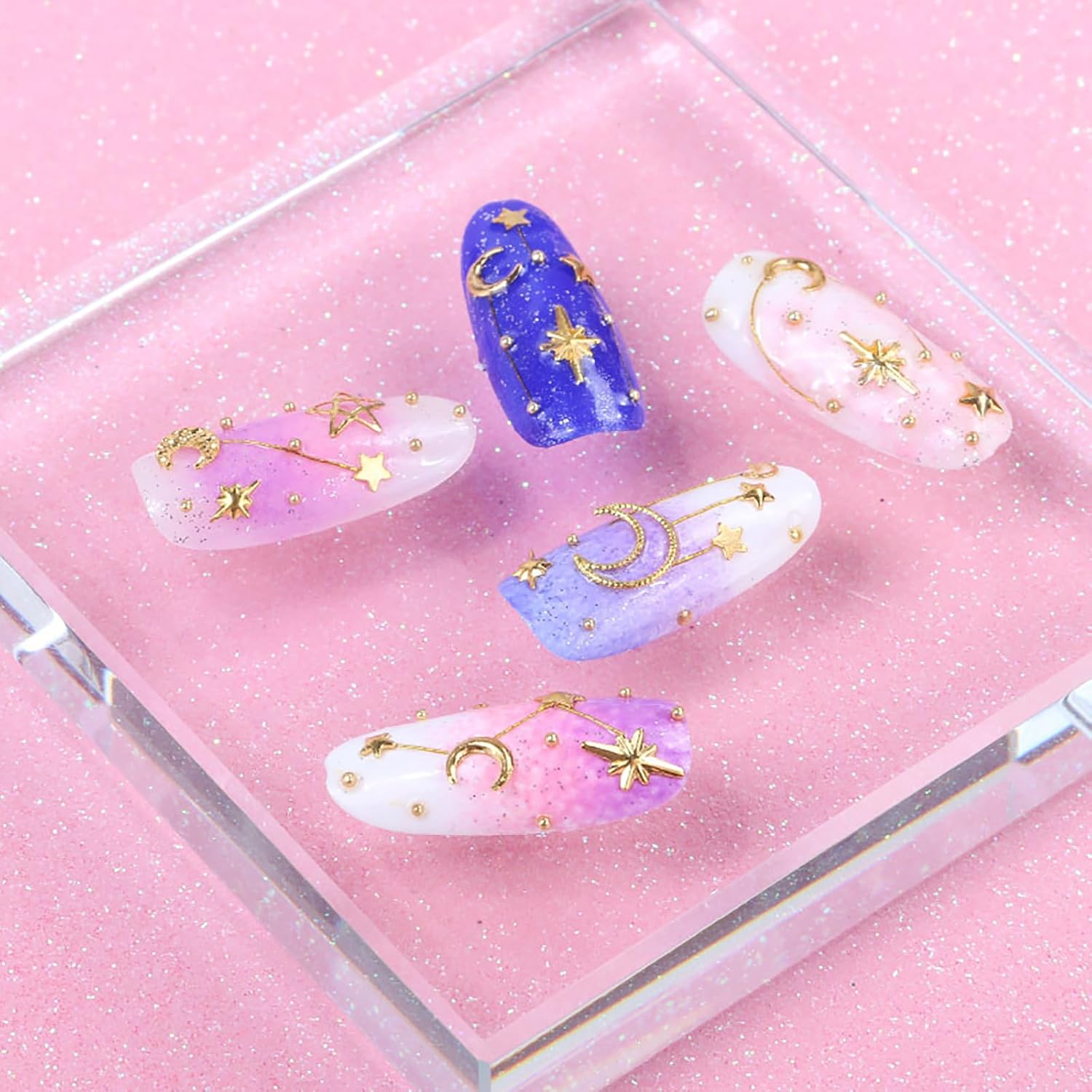2 Boxes 3D Gold Nail Charms, Star and Moon Nail Charm 3D Metal Hollow Nail Art Studs Rivets Nail Decor Jewels Nail Decorations for Nails Salon or DIY Craft Supplies