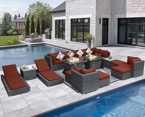 Miniatura 10 de NICESOUL Muebles de mimbre de polietileno moderno de respaldo alto, juegos de sofá seccional con mesa de fogata de propano 55000 BTU para