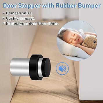 Door Stop, 50mm Floor Door Stoppers Wall Floor Mounted, Stainless Steel, Heavy Duty Doorstop with Sound Dampening Rubber Bumper Wall Protector, Brushed Nickel