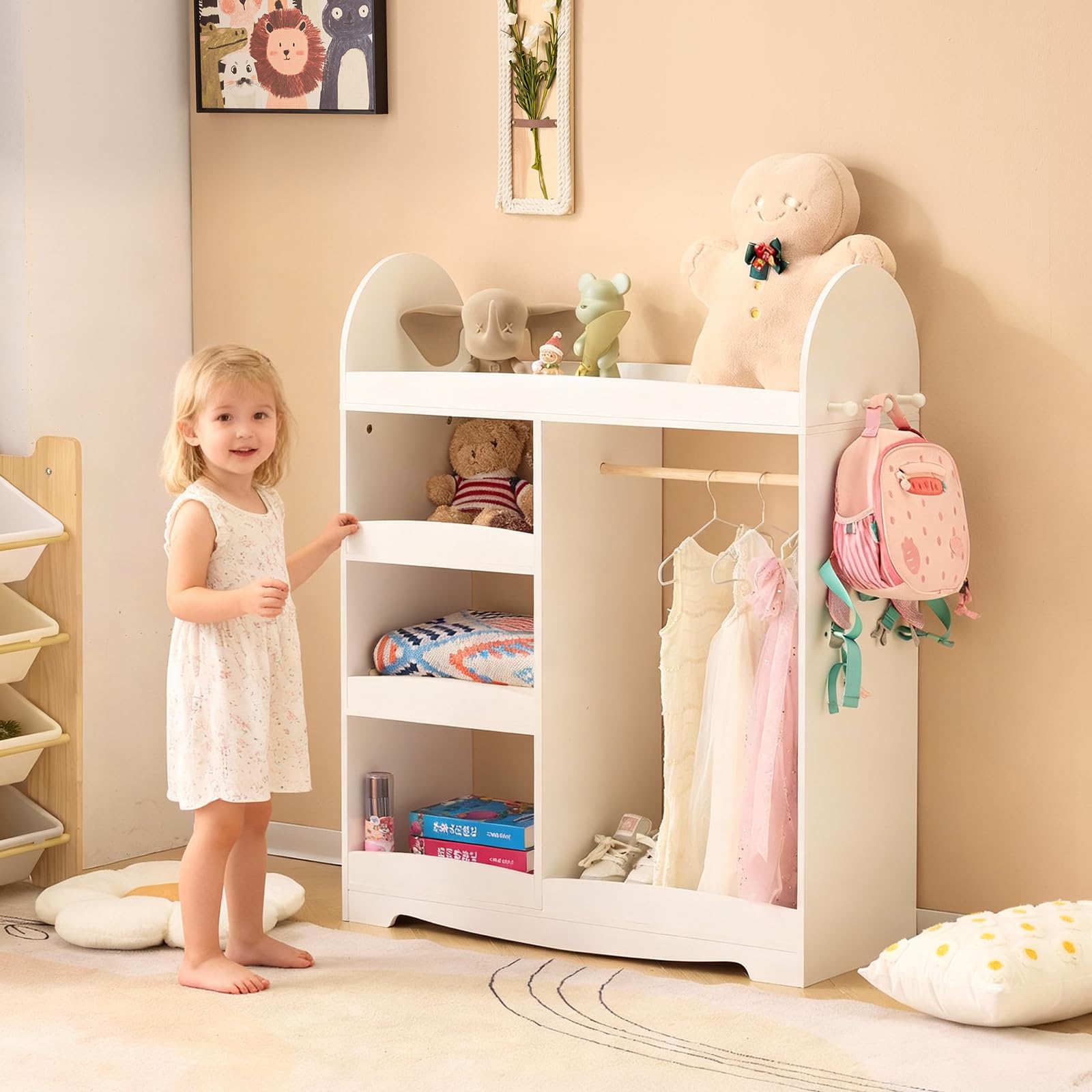 LALAHO Armoire Enfant avec Portant Vêtements Garde-Robe，Dressing penderie Enfant avec 4 Étagères et 3 Crochets（Blanc）