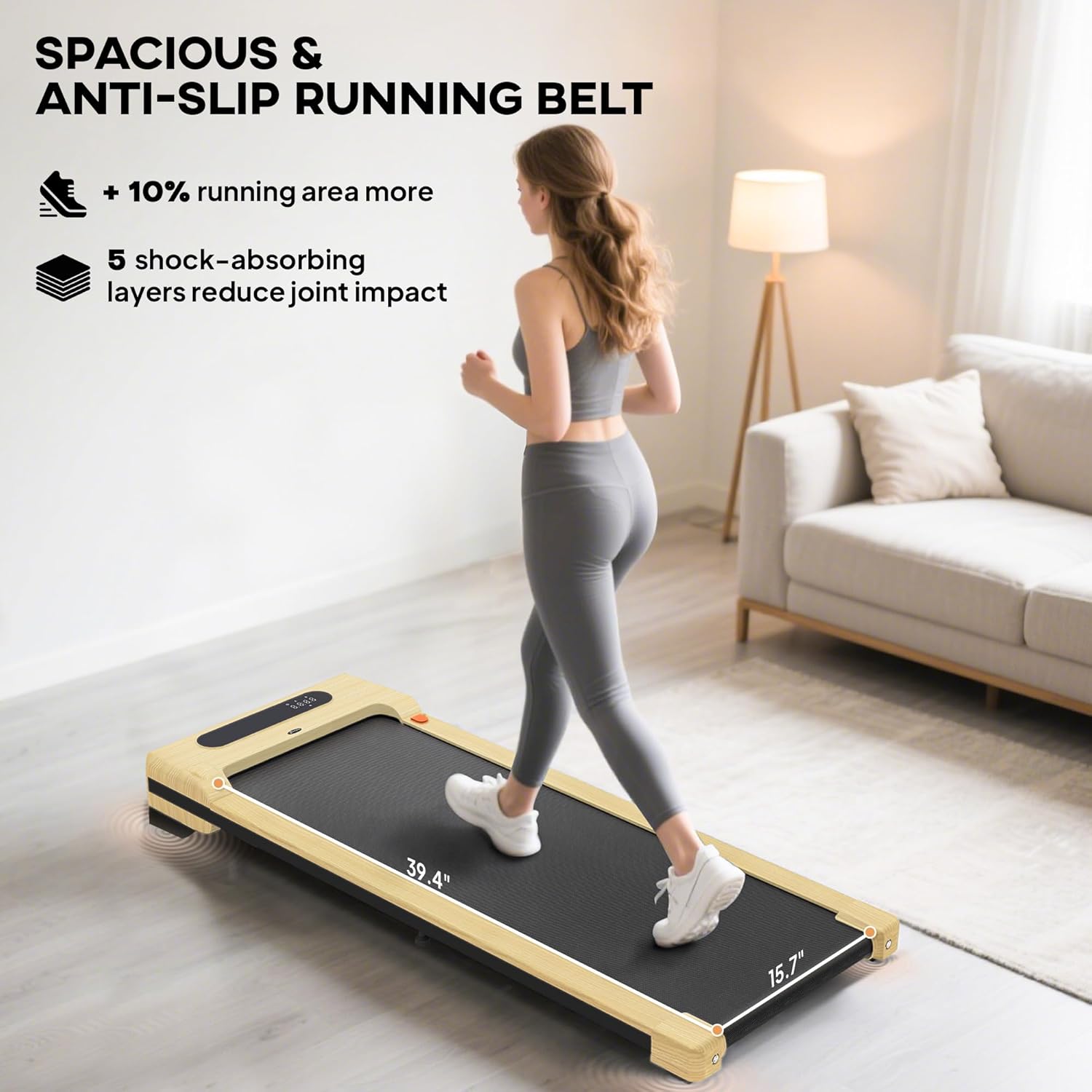 A person walking on the Soozier Walking Pad, highlighting the spacious 39.4 inch by 15.7 inch anti-slip running belt.