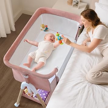 3 in 1 Baby Beside Crib for Babies from Birth to 9kg, Portable Baby Cot Bed Travel Baby Bassinet Bedside Crib Adjustable Height & Incline 4 Lockable Wheels Baby Co-Sleeper for Newborn Infant Pink