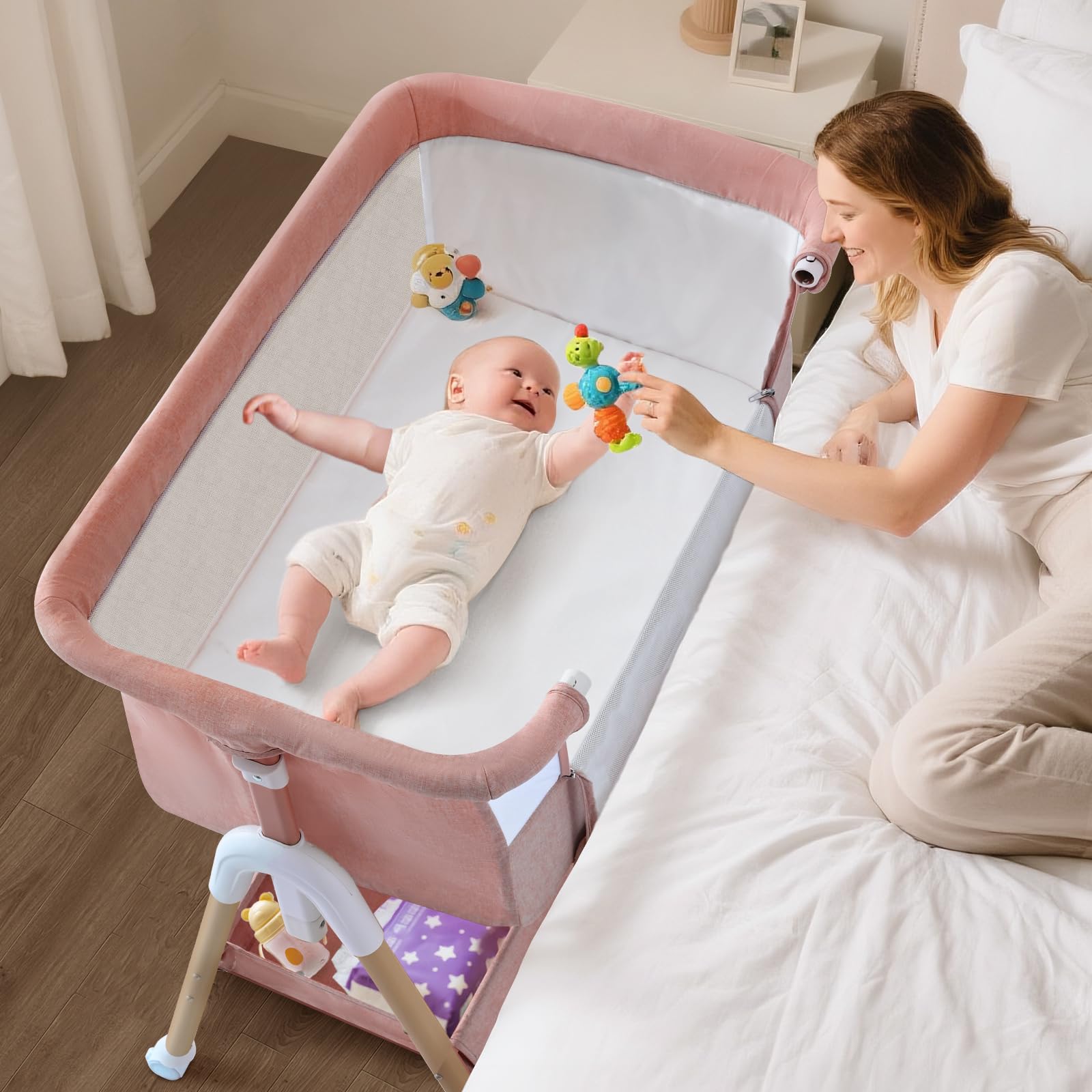 cozydwells 3 in 1 Beistellbett Baby, Tragbar reisebett Baby mit matratze Höhenverstellbar Bettchen Verstellbare Höhe & Neigung 6 abschließbare Räder Baby Co-Sleeper für Neugeborene Kleinkind Rosa