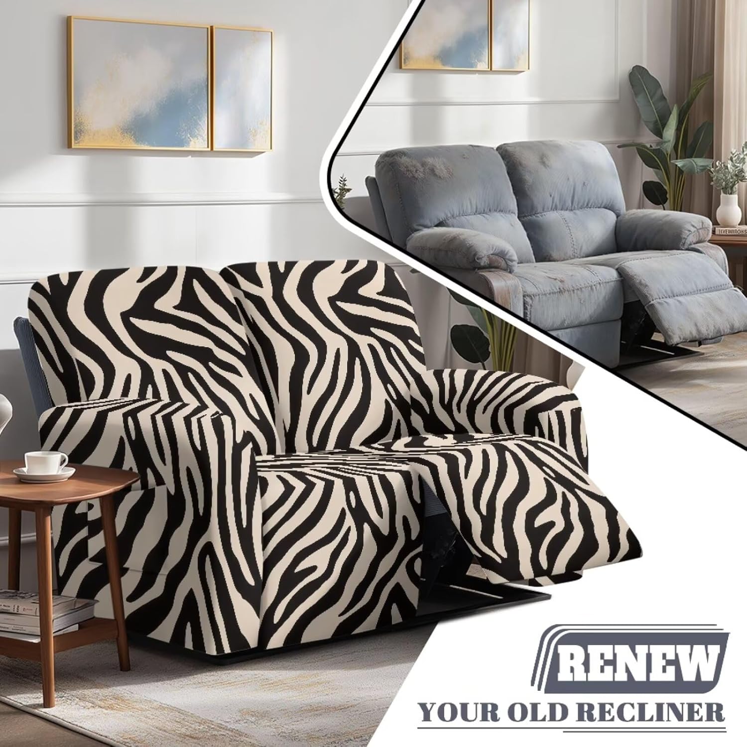 6 Pieces Reclining Loveseat Slipcover Anti-Slip Recliner Sofa Covers for 2 Cushion Couch, Machine Washable Recliner Loveseat Couch Slipcover for Pet Kids Dog, Zebra Print