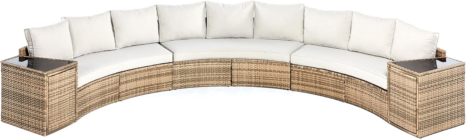 LUXOAK 11-Piece Wicker Patio Furniture Set with Storage Wedge Table, Waterproof Half-Moon Sectional Sofa with Cushions, Rattan Outdoor Conversation Set for Garden, Pool, Beach & Balcony, Beige