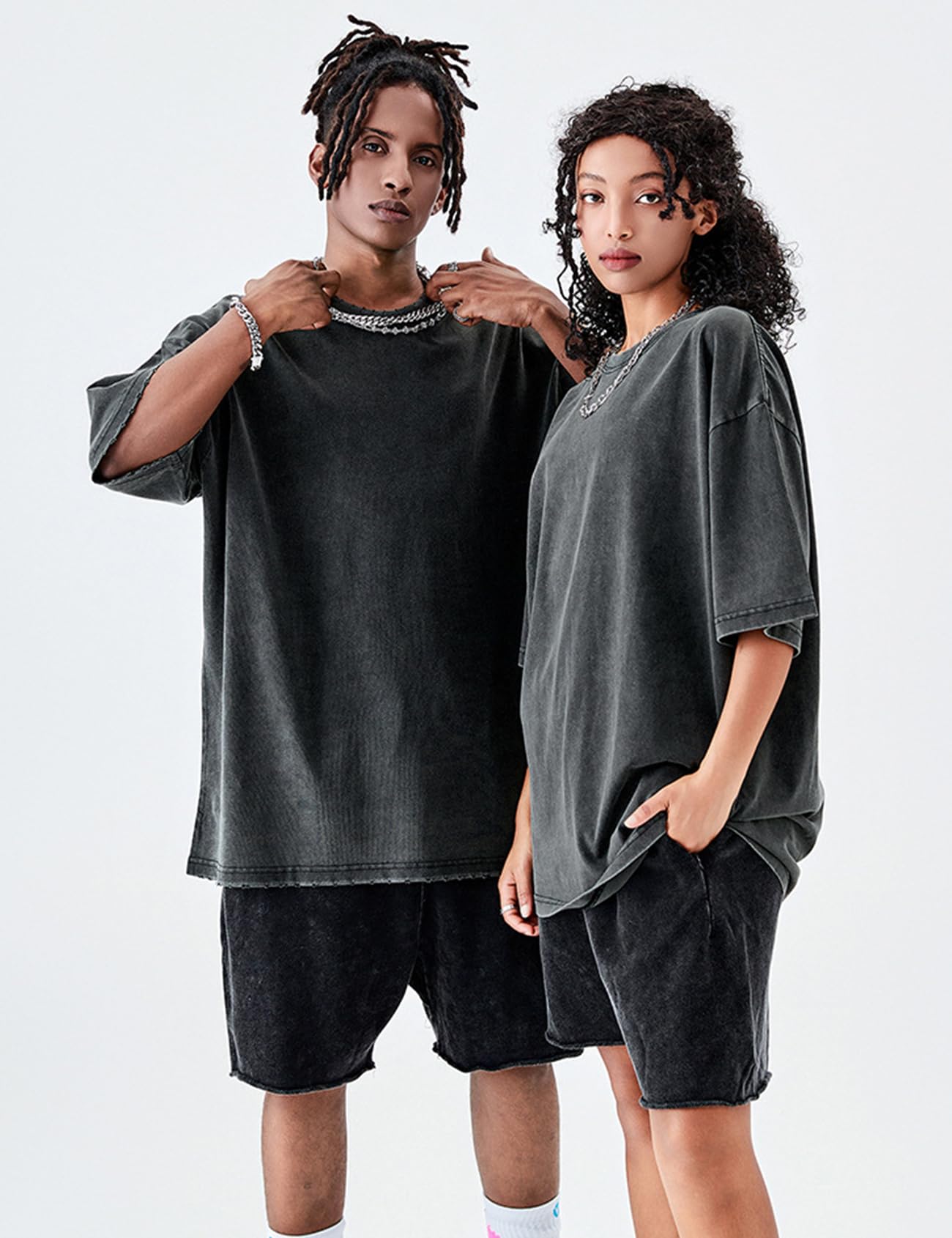 Eisctnd Camisetas de Gran tamaño para Hombre, 3 Piezas, Unisex, Vintage, de algodón Lavado con ácido sólido, Estilo Casual, Estilo Hip Hop, Negro, Morado y Gris, S