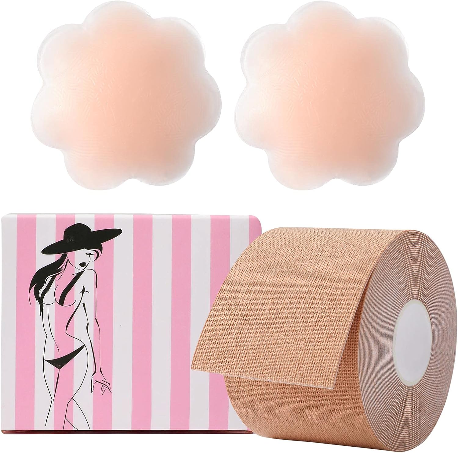 Okela XL Booytape Tape for Breast Lift with Reusable Silicone Nipplecovers, Invisible Bob Tape Breast Lift Tape for Large Breasts and Fashion Athletic Tape Kinesiology Tape Nude