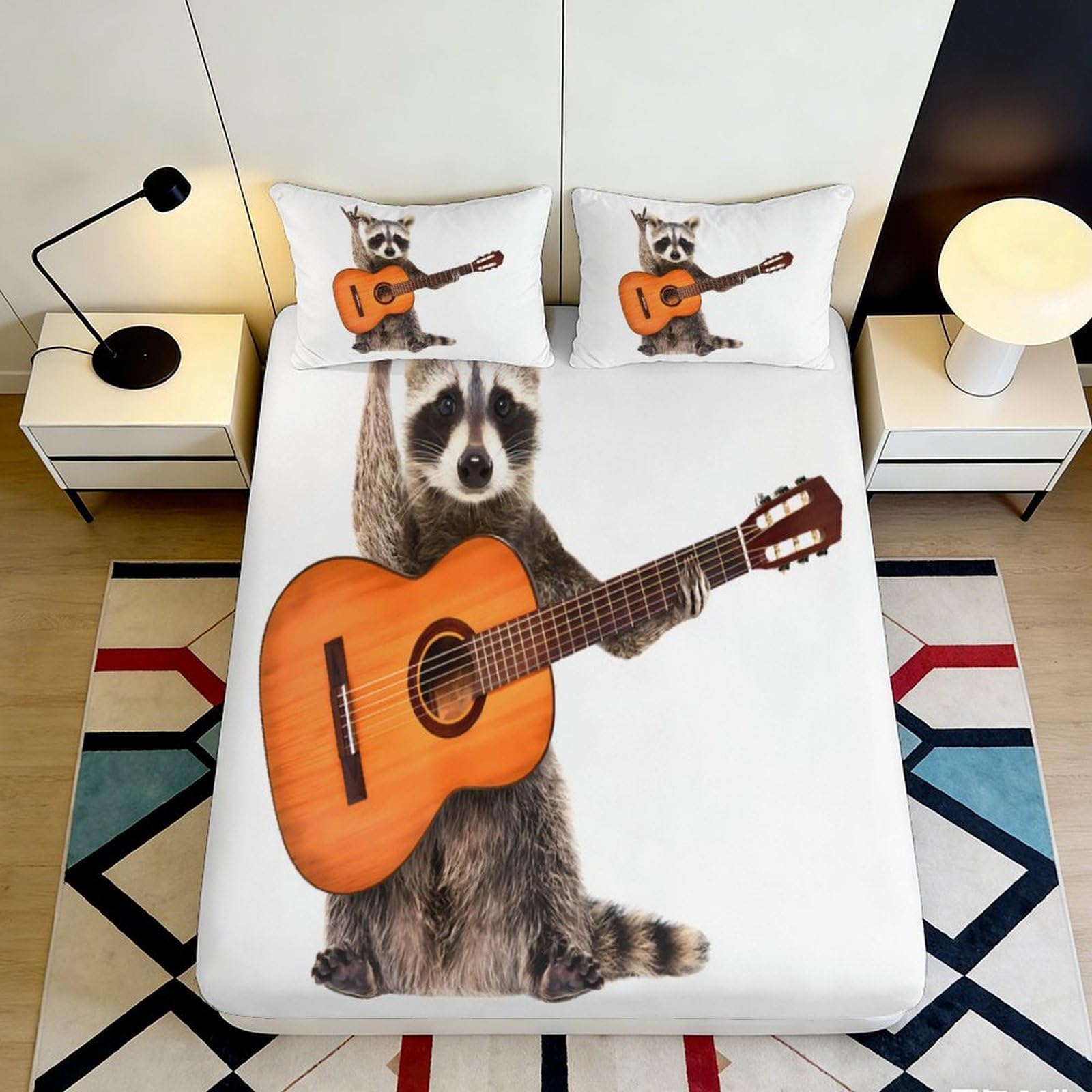 Pnayamiorkfel Style-1 3D Printed Guitar Raccoon Fitted Sheet Microfiber Anti-Slip Bedroom Decor Bed Cover For Home Guest Room Dorm 90X200x25cm