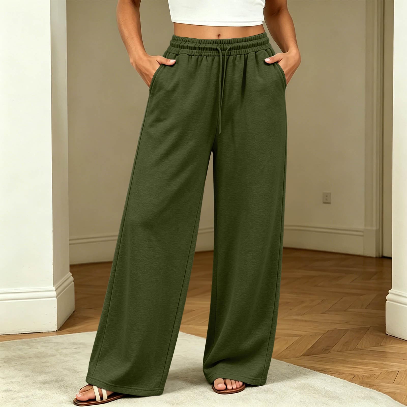 Pantalon Large Femme Cordon Taille Élastique Poches Latérales Couleur Unie