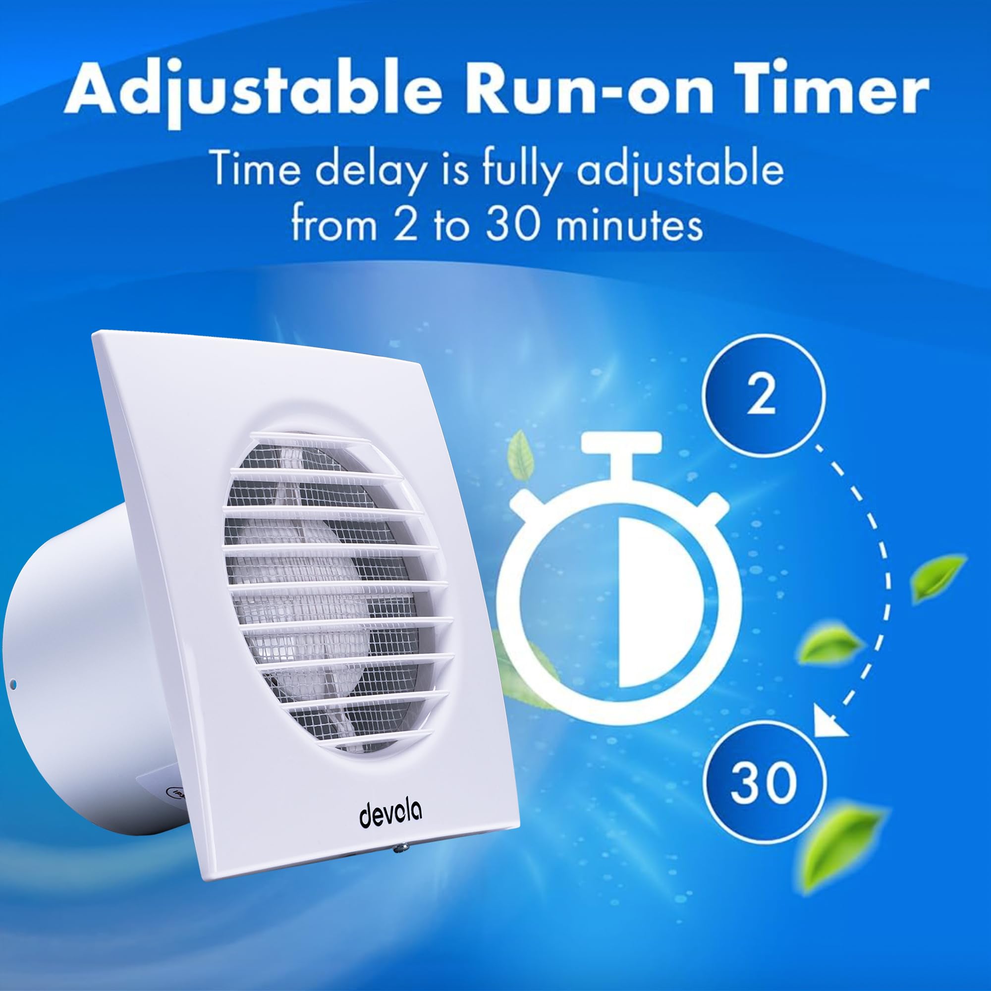 Devola 100mm Axial Extractor Fan with Timer, 4 Inch Bathroom Fan, Extractor Fan with Adjustable Overrun Time Function - Image 2