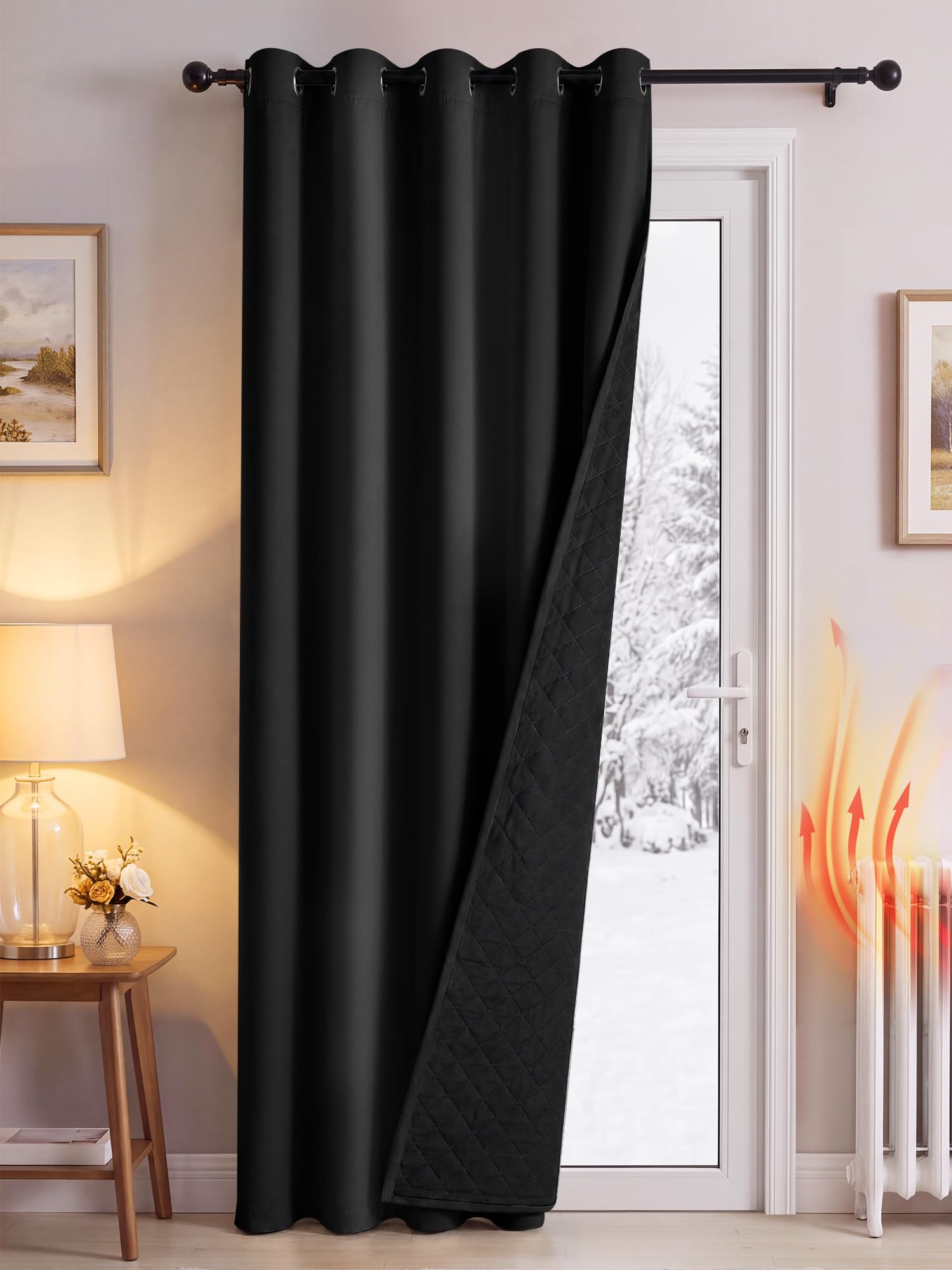 PONY DANCE Thermal Door Curtain with Quilted Black Lining, Black, 60x90