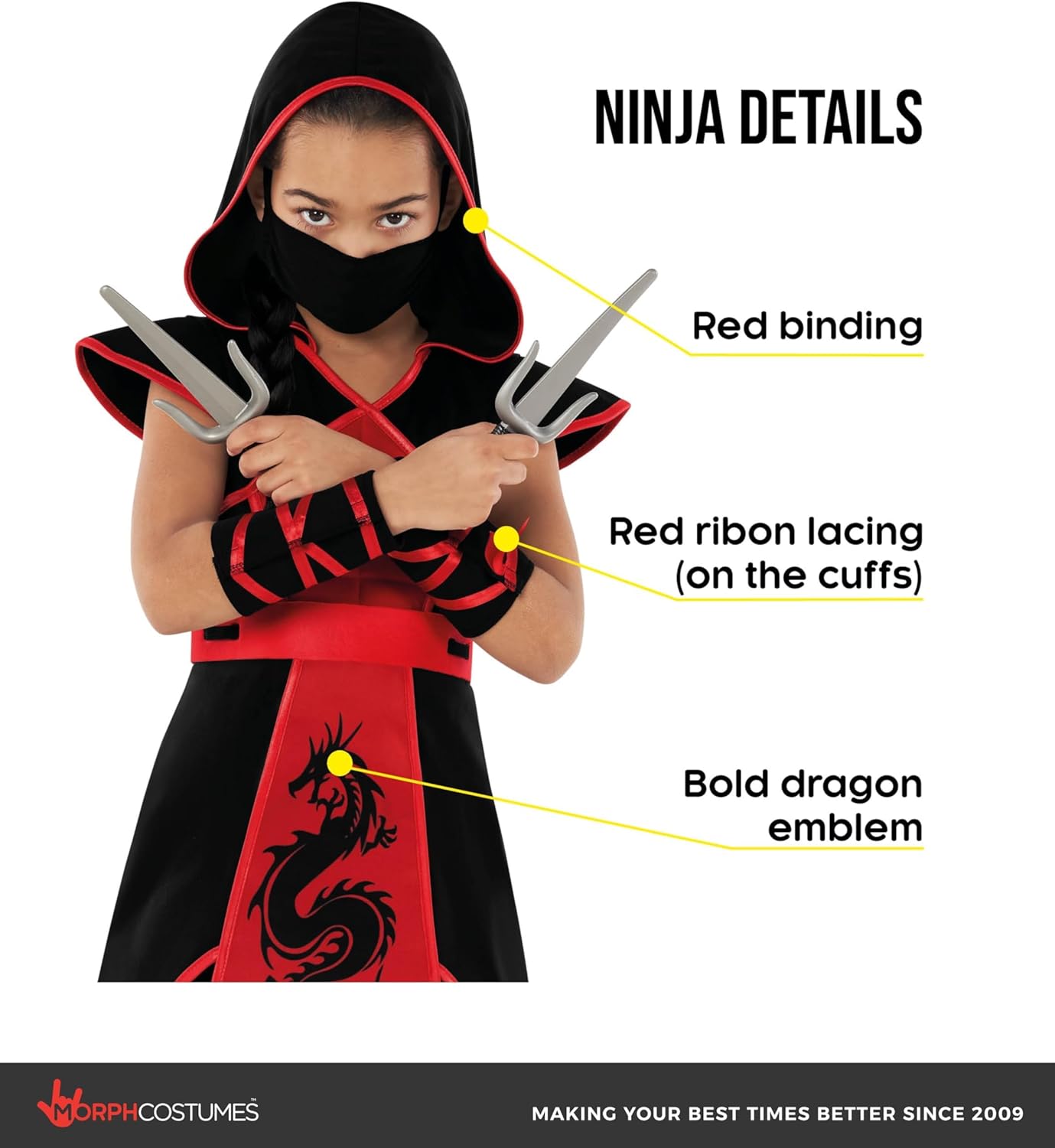 Morph Ninja Costume for Kids, Ninja Outfit Set for Girls, Red and Black Stealth Jumpsuit, Girls Halloween Costumes