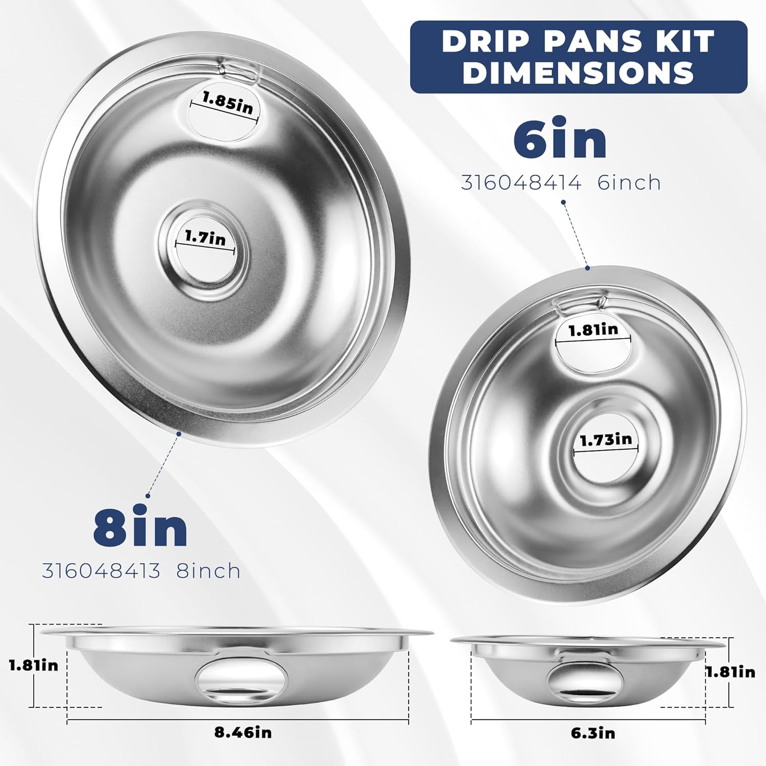 TOMOON Electric Stove Burner Drip Pans & Elements Set - 2x316048413(8"), 2x316048414(6") Drip Pans, 2xMP15YA(6"), 2xMP21YA(8") Burners - Compatible with Ken.more, Frig.daire, A.mana, Cr.osley