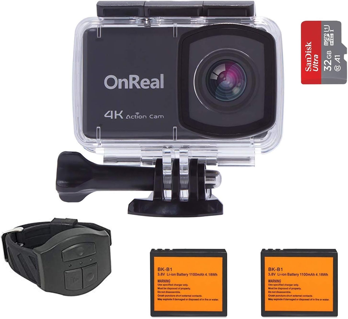 OnReal Action Camera 16MP 4K 2.5” Touch Display with Wrist Controller, 170 Degree Wide View Angle Anti Shake, Two Battery and Free Memory Card