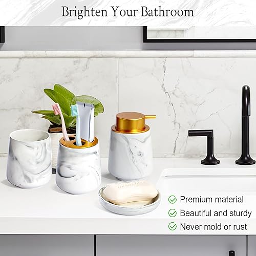 Miniatura 3 de Juego de accesorios de baño, 4 piezas, dispensador de jabón de baño, incluye dispensador de jabón espumoso de cerámica, jabonera, soporte para