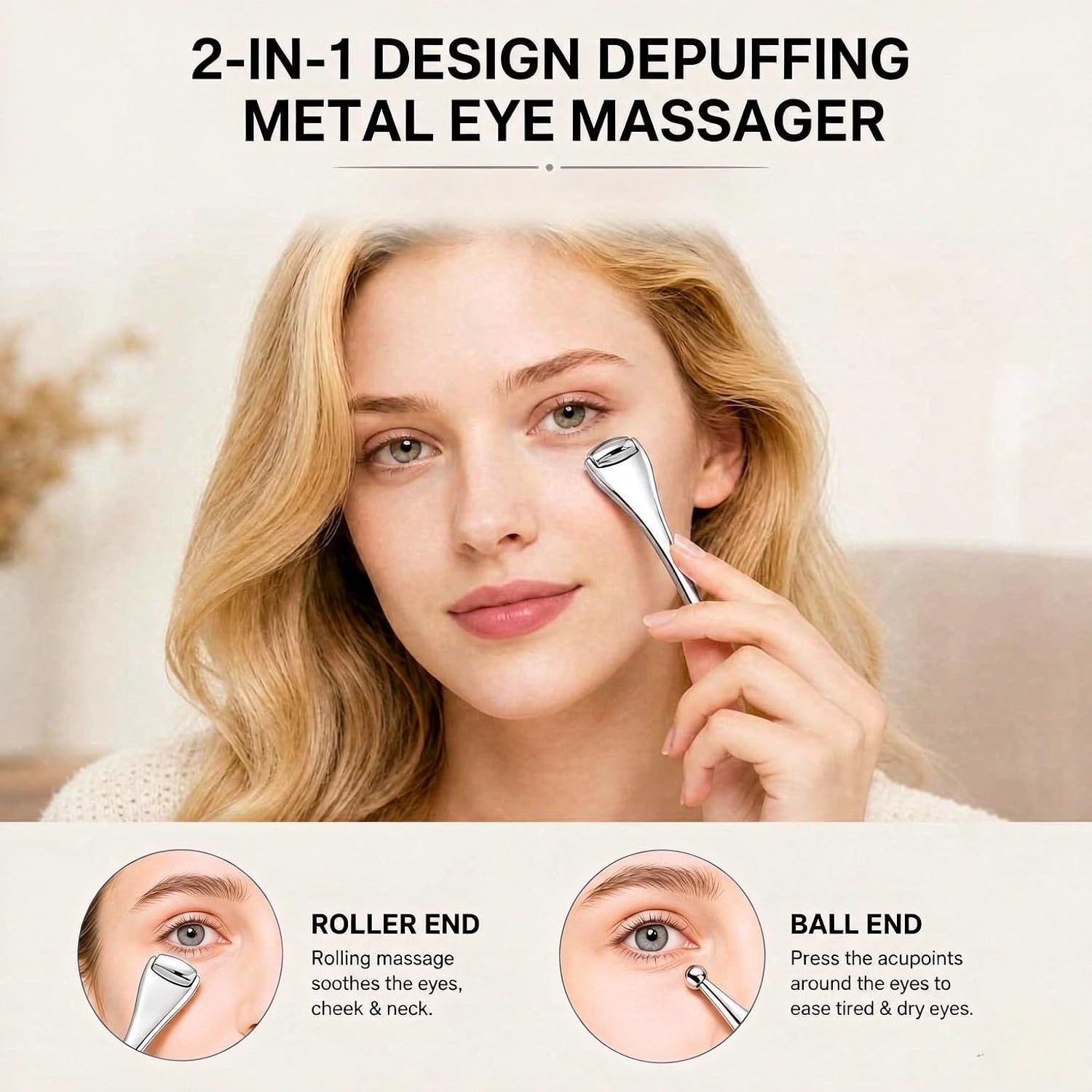 Heated Cold Metal Face Massager Tool – Facial Massager for Depuffing and Glow, Stainless Steel Face Roller for Lymphatic Drainage, Eye Massager for Puffiness & Dark Circles, Hot/Cold Skincare Wand image 3