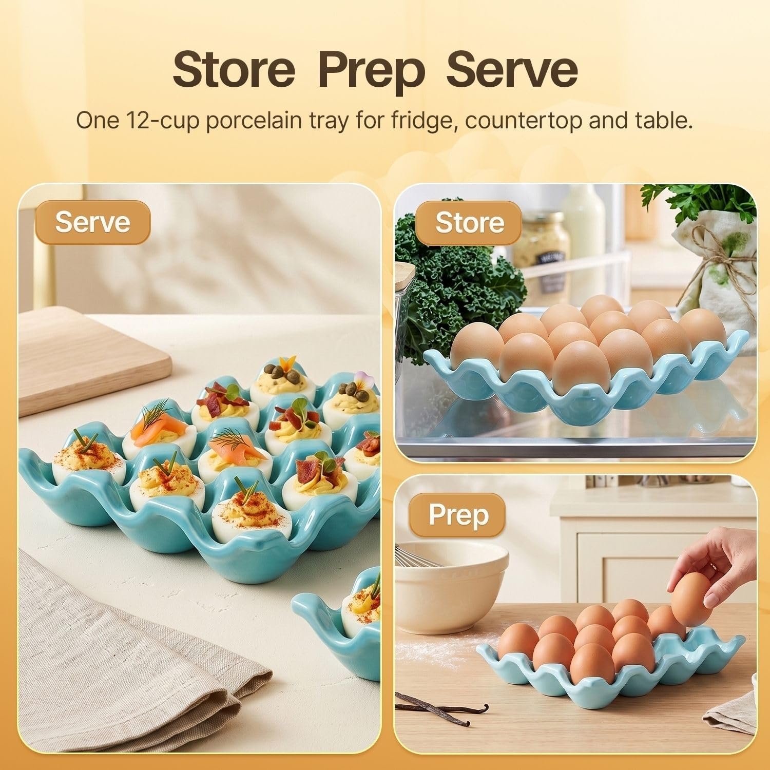 Flexzion Ceramic Egg Holder for Fridge, 12-Cup Porcelain Egg Tray, Blue
