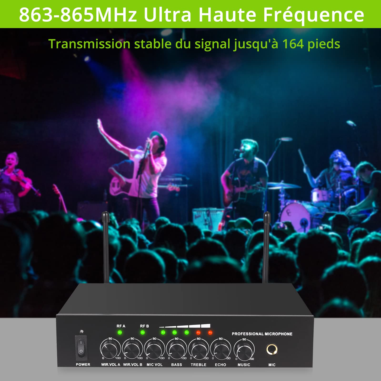 LiNKFOR Système Micro Sans Fil UHF 2 Canaux Écran Affichage Batterie Bluetooth 4.2 Réglage Écho/Aigus/Graves Extension 3ème Micro