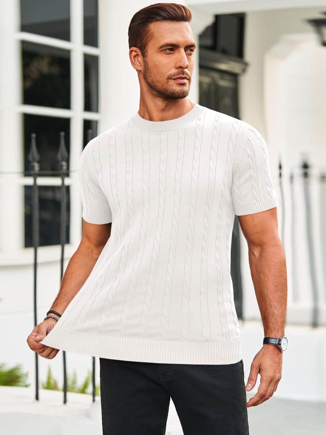 Runcati Mens Knit Short Sleeve T Shirts Casual Crewneck Slim Fit Shirt Cable Knitted Stretch Pullover Tees - Image 3