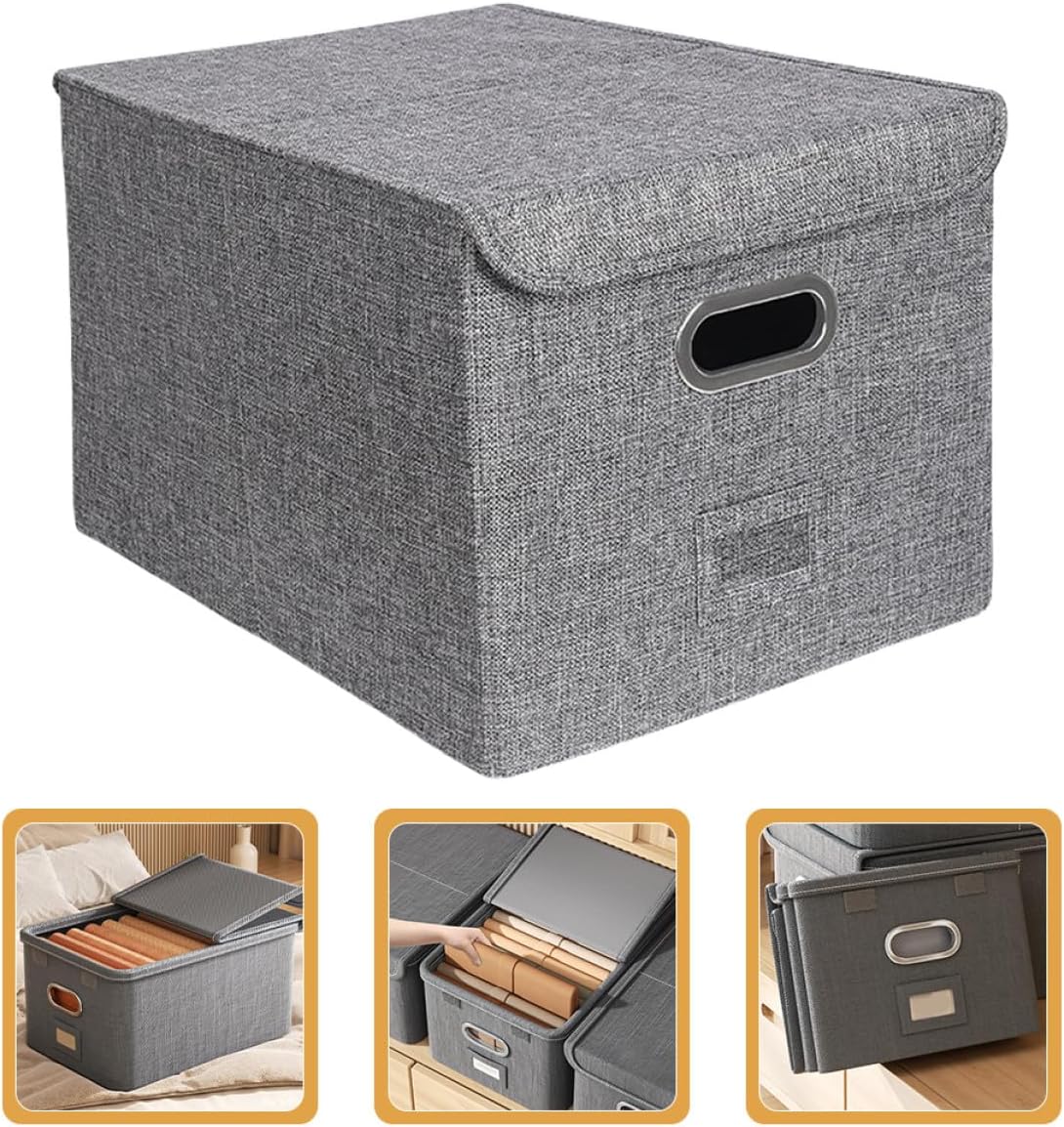 Large Foldable Fabric Storage Bin with Lid, Clothes Organizer Box for Wardrobe and Bedroom, Gray Cloth Storage Container for Household Organization