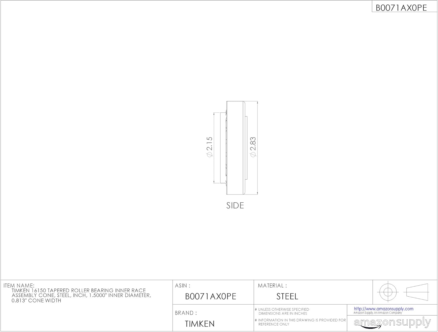 Timken 16150 Tapered Roller Bearing Inner Race Assembly Cone, Steel, Inch, 1.5000" Inner Diameter, 0.813" Cone Width