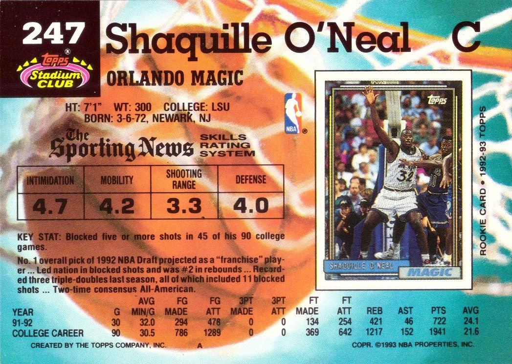 Amazon.com: 1992-93 Topps Stadium Club Basketball #247 Shaquille O