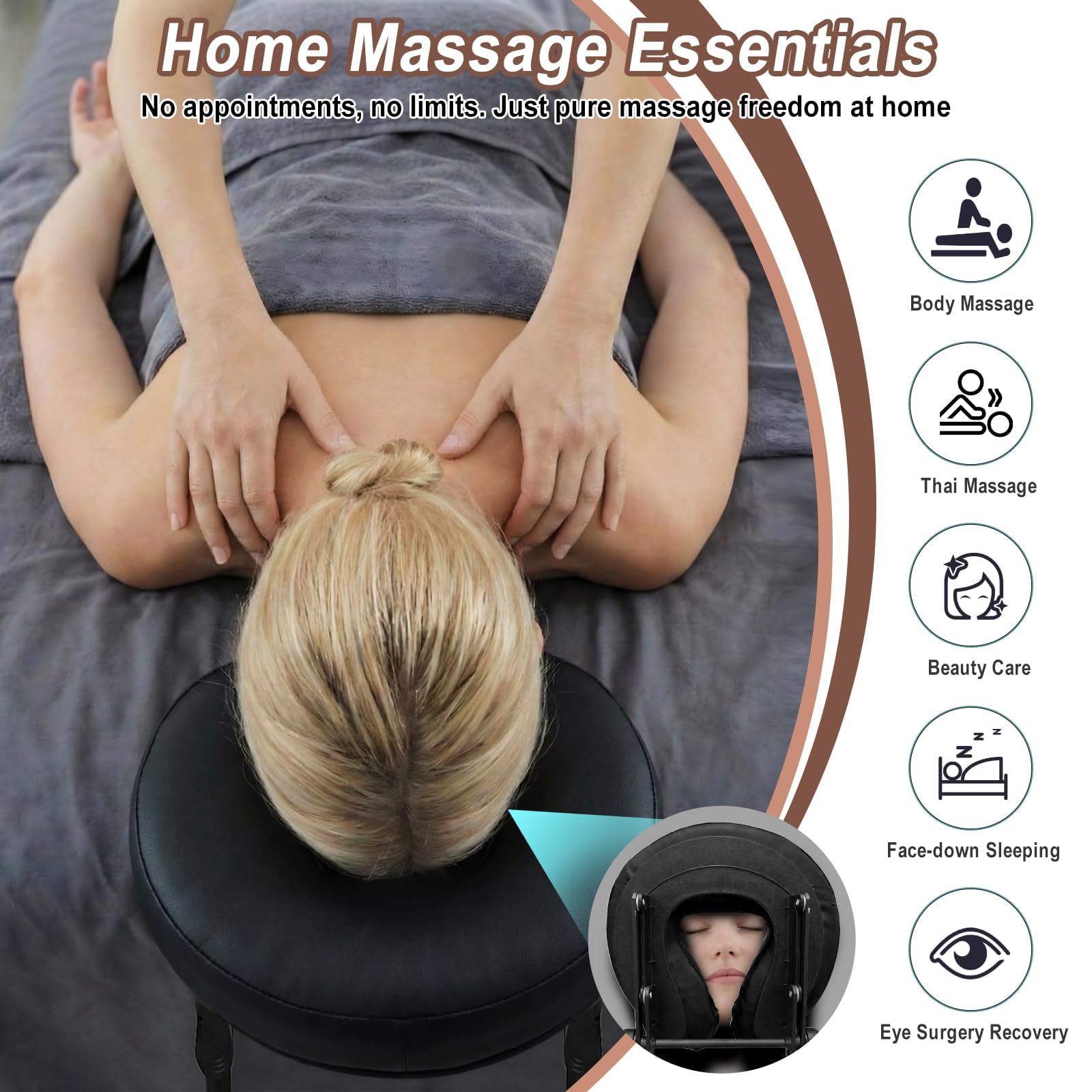 Poggiatesta per massaggi rilassanti a faccia in giù, culla e cuscino per comfort e supporto