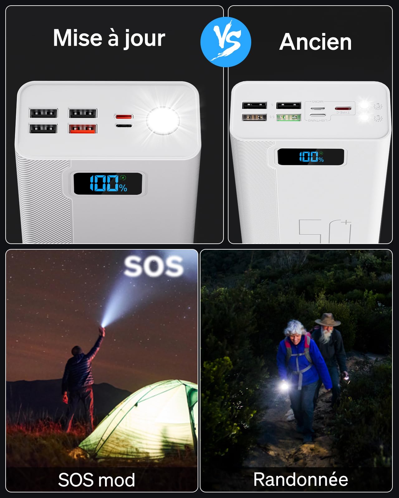 Power Bank 50000mAh:22,5W Batteria esterna a ricarica rapida con grande capacità e 5 uscite e 3 ingressi lettore MP3 3PM-bianco