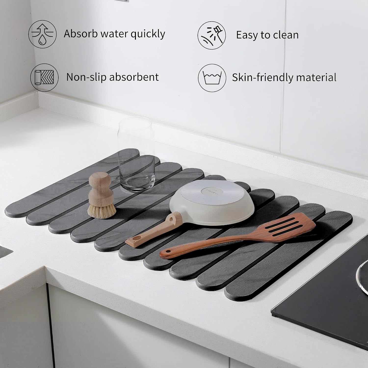 24"×16" Grey Stone Dish Drying Mats for Kitchen Counter, Large Quick Dry Collapsible Eco-Friendly Super Absorbent Diatomaceous Earth Heat-resistant Mat for Dishes Bottles Cups, Match Any Countertop image 4