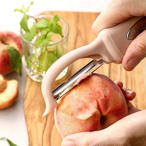 Miniatura 4 de Spring Chef Pelador de verduras giratorio de alta calidad, mango de agarre suave y cuchillas de acero inoxidable ultra afiladas, pelador de cocina