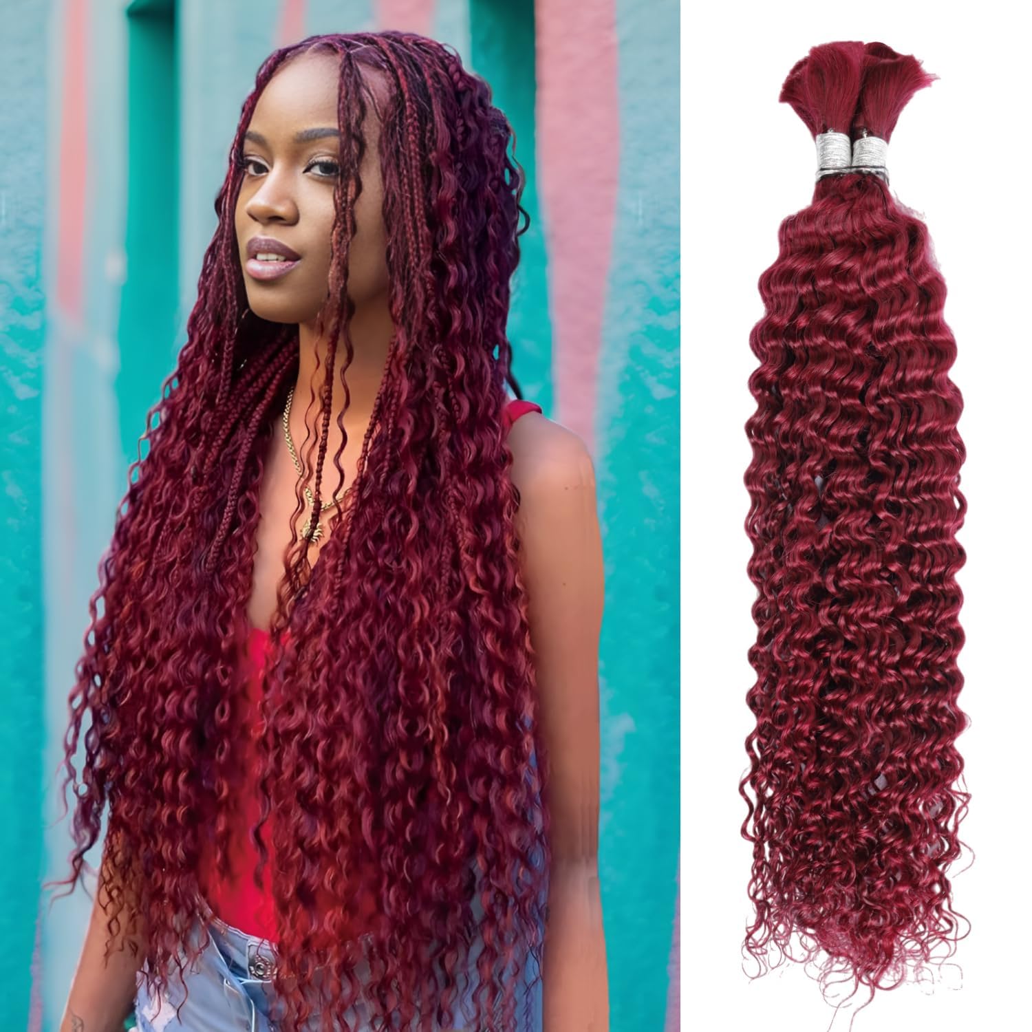Burgundy 99J Deep Water Wave Bulk Human Braiding Hair 100g(2 Bundles Per 50g) 22 Inch Braiding Hair No Weft Brazilian Virgin Deep Curly Human Hair Extensions for Boho Braids