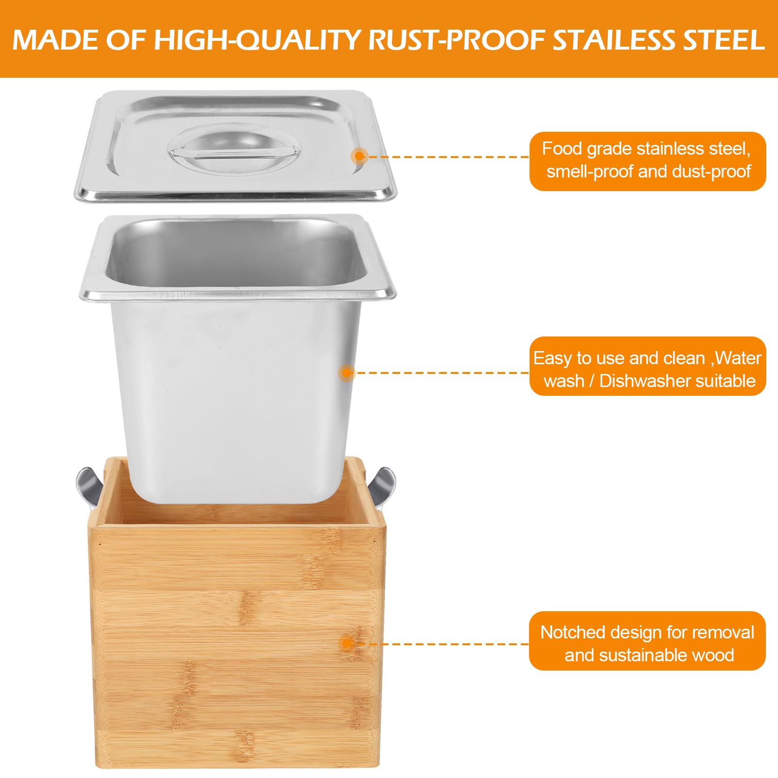 Cubo de compost para cocina, acero inoxidable, cubo de basura orgánica con tapa y caja de madera, a prueba de olores, apto para lavavajillas, contenedor de residuos biológicos para cocina, cubo de