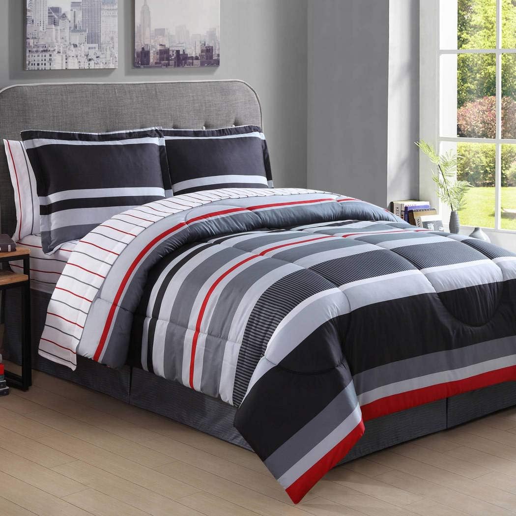 Arde 6 Piece Boys Twin Rugby Stripes Comforter Set, Gray White Grey Black Red Stripes Bedding Pattern, Beautiful Colors, Horizontal Striped Rugby Bed in a Bag with Sheet Set