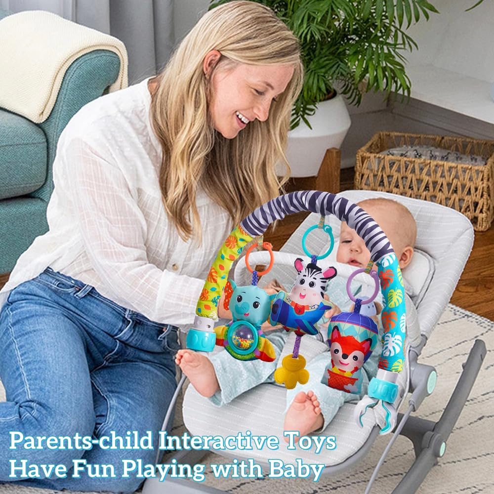 Arco móvil para cochecito de bebé con abrazaderas universales, barra de actividad con clip para moisés, gorila, cuna, asiento de automóvil, juguetes musicales para bebés con chirriador de elefante y 7