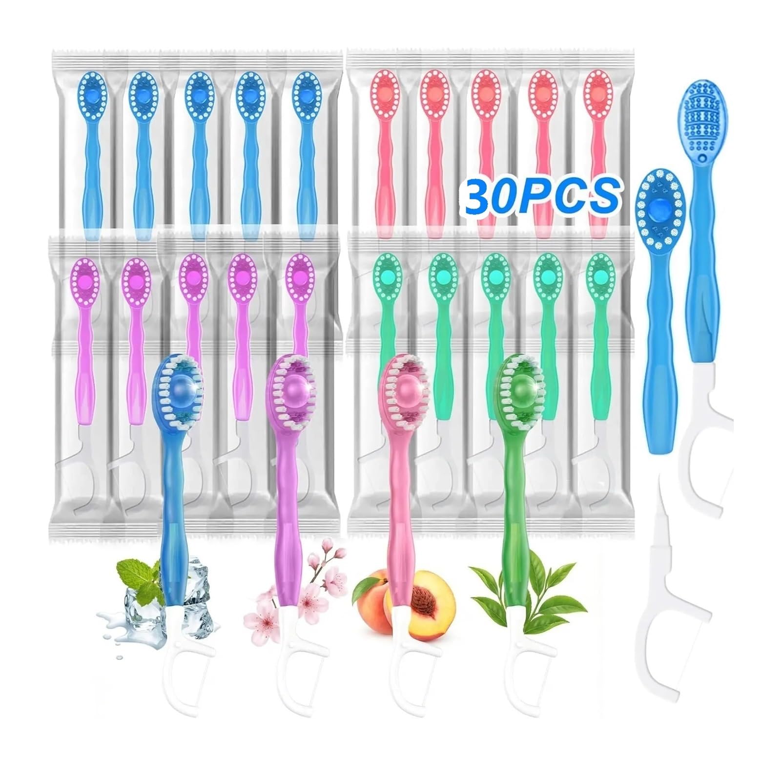 Spazzolino usa e getta 4 gusti con filo interdentale Mini | Perle esplosive al contatto con acqua, filo interdentale integrato, igiene orale portatile(30pcs Mixing)