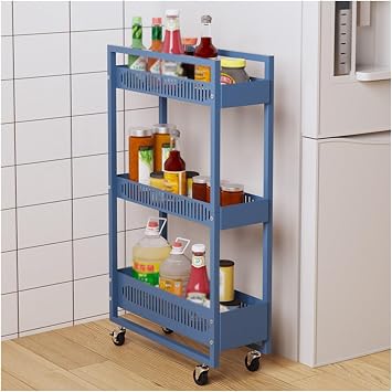 Rolling Push Cart Stand Shelves Storage Rack with Wheels with Mesh Wire Basket,Slim Storage Cart Multifunction Metal Trolley Organizer for Home,Office,Bedroom,Bathroom,Kitchen Color Blue,