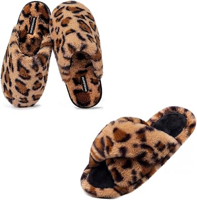 Snug Leaves Womens Slippers of 2 Pairs - Soft Fuzzy Comfy Size5-6, Brown - Fluffy Cross Band Open Toe Size7-8, Brown