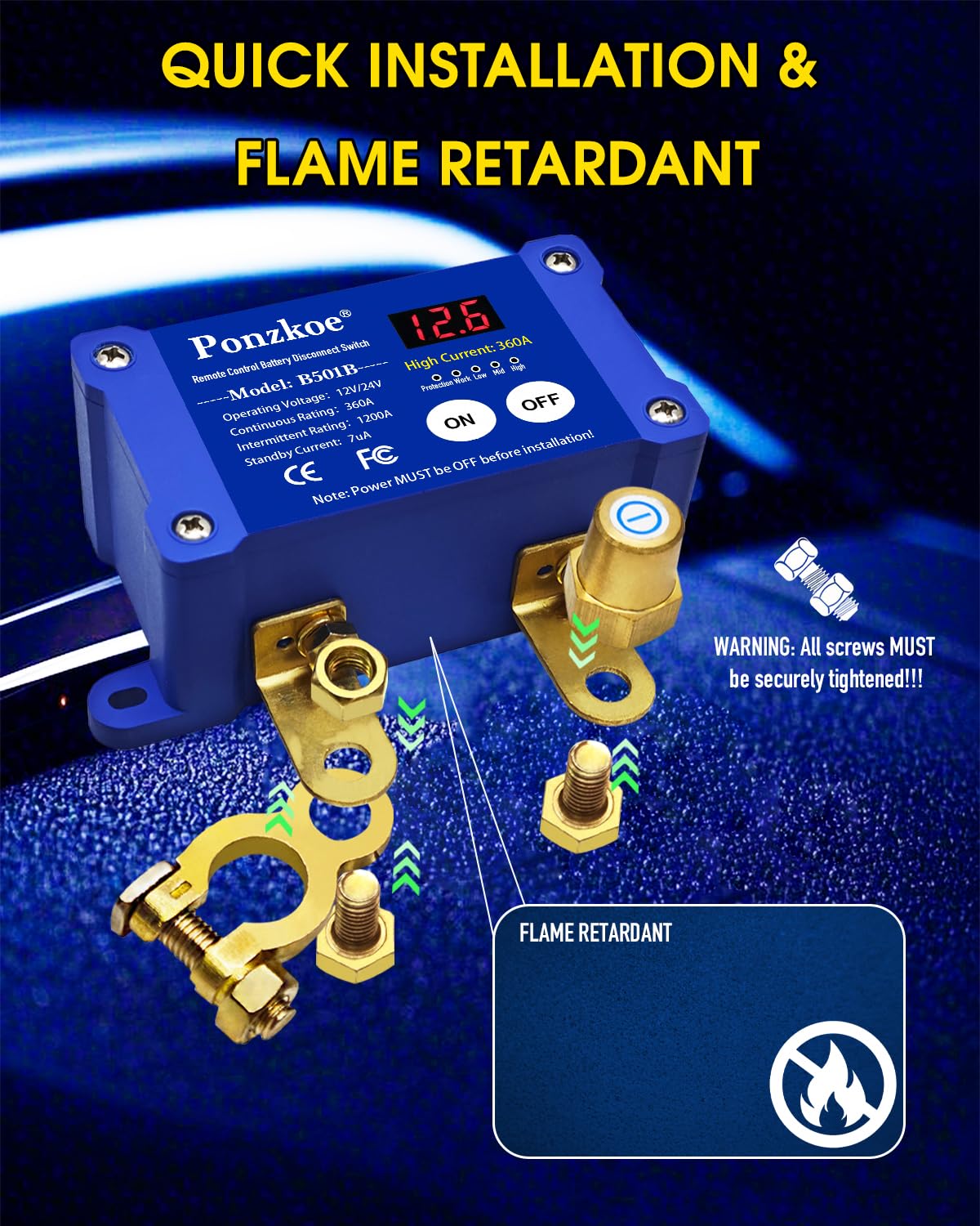 360A Remote Car Battery Disconnect Switch with LED Voltage Display - 12V 24V Kill Switch for Marine Boat RV Truck Vehicles ATV, Heavy Duty Anti-Theft Power Cutoff & ON/Off Isolator(Negative Terminal)