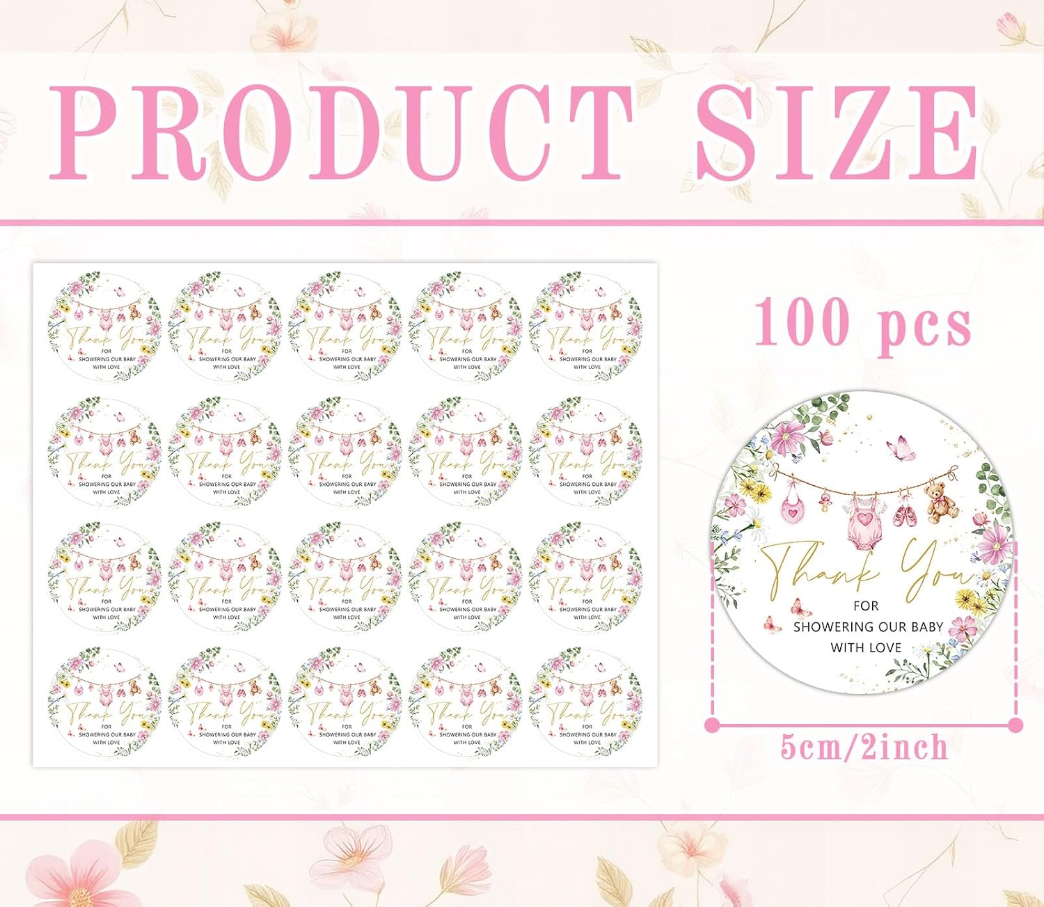 Whaline 100Pcs Baby Shower Clothes Thank You Stickers 2 Inch Pink Infant Clothes Floral Round Adhesive Label Decals for Girl Birthday Party Decorations - Image 2