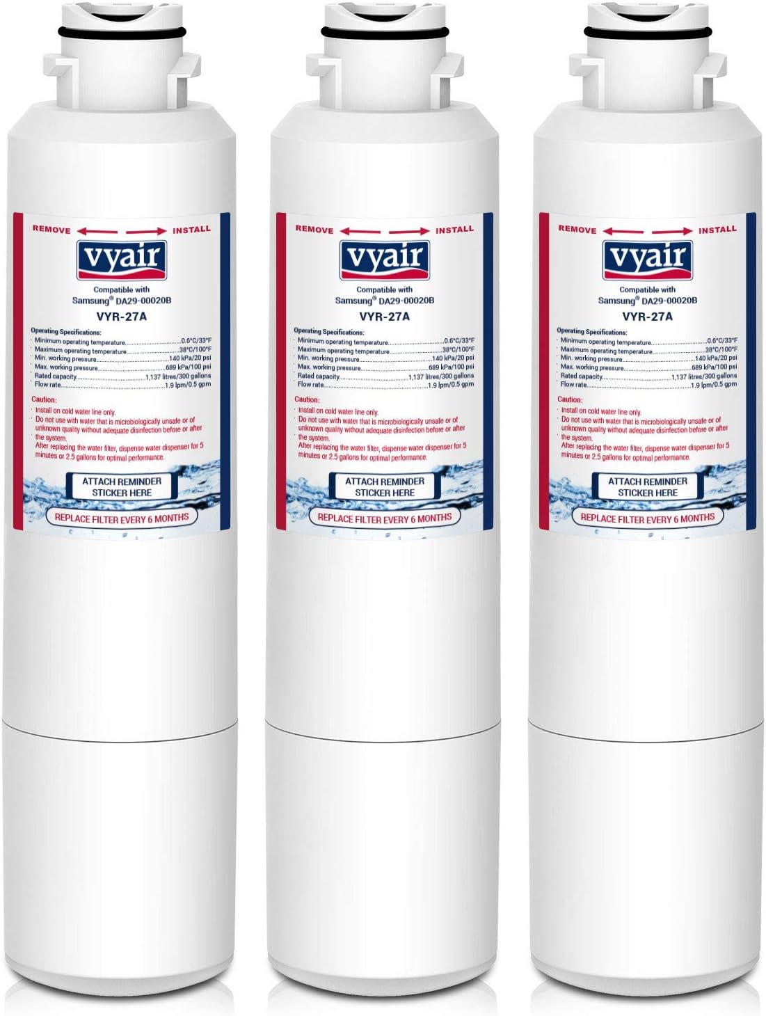 Vyair VYR-27A Internal Fridge Freezer Water Filter Cartridge Compatible with Samsung DA29-00020B HAF-CIN EXP, DA29-00020B-1, DA29-00020A DA29-00019A DA97-08006, DA97-08043ABC, REFSVC; HDX-FMS-2 (3)