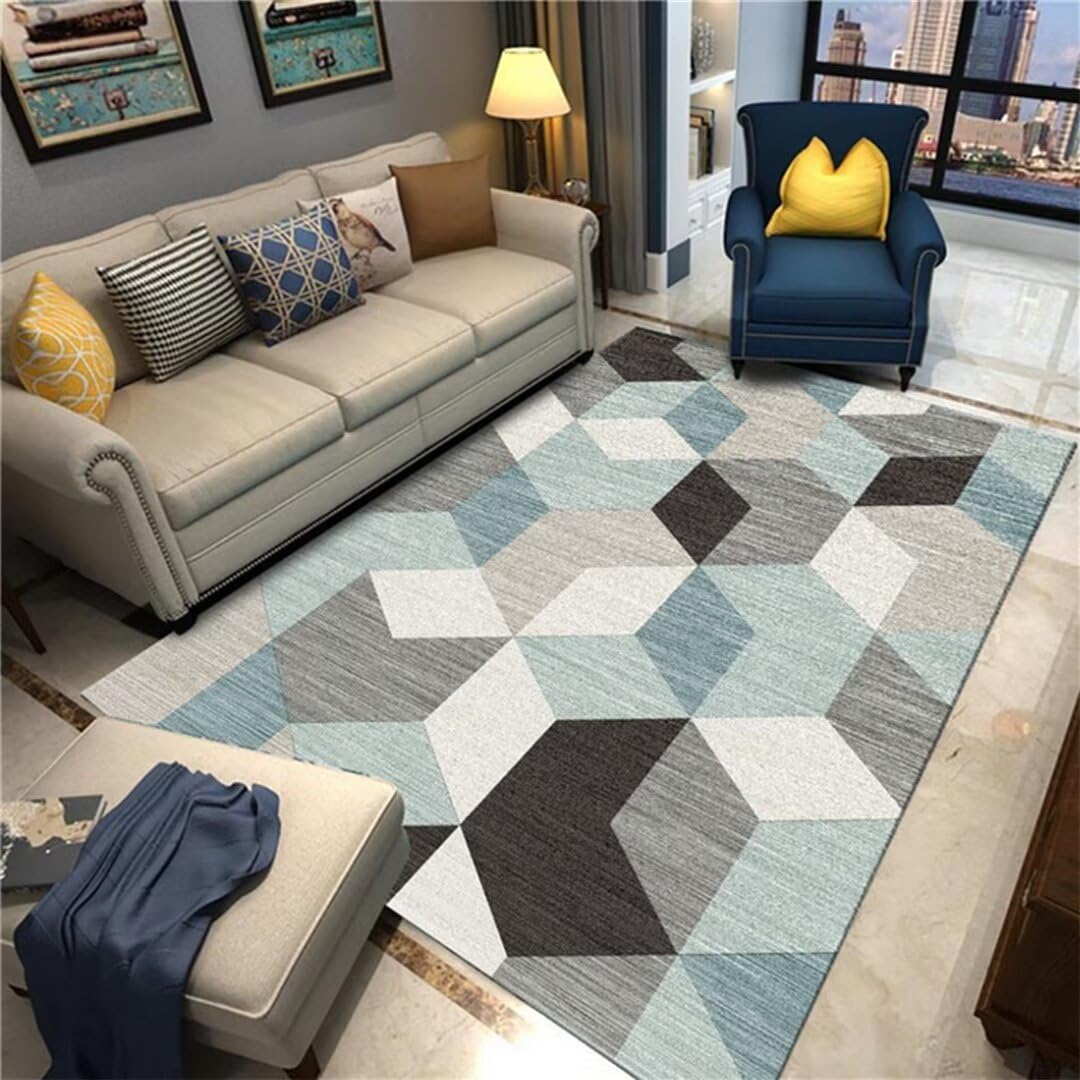 Alfombra grande 120x160cm moderna gris con diseño de hexaedro geométrico para el dormitorio infantil