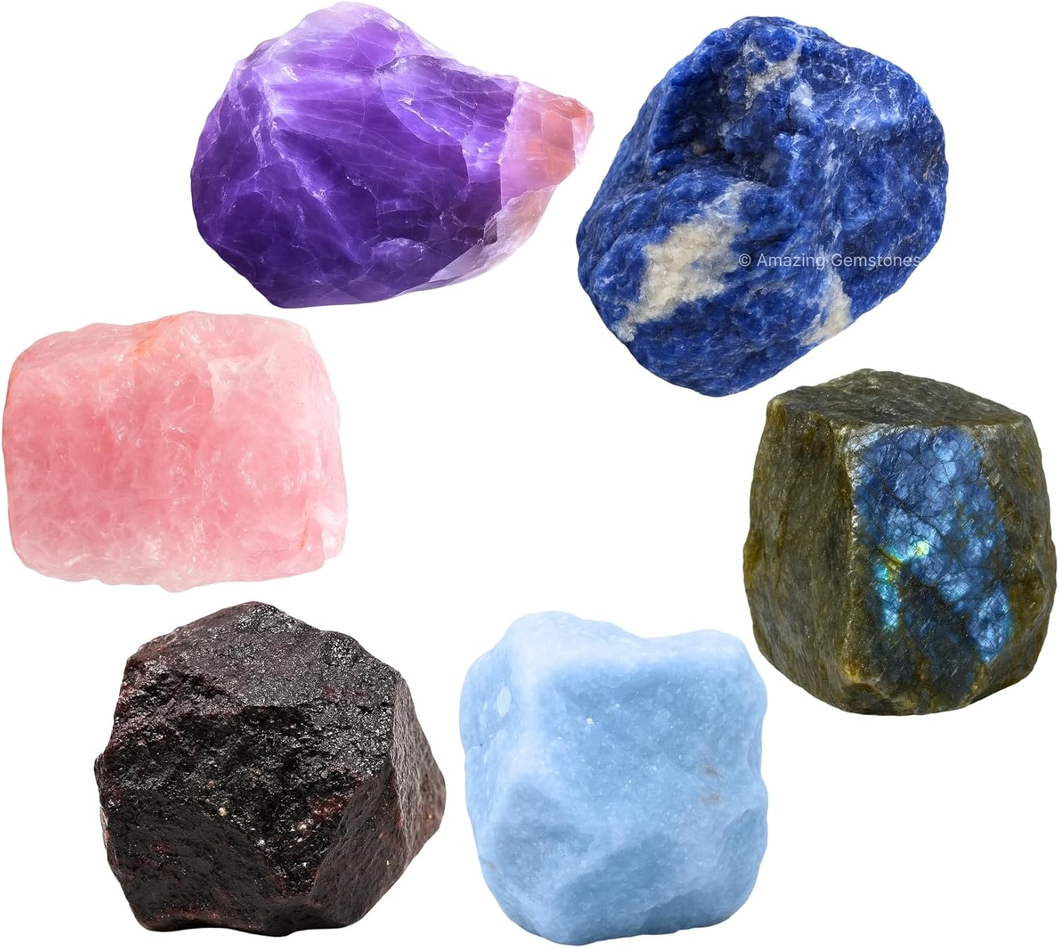 Amazing Gemstone Crystals for Anxiety Manifestation, Set of 6 Amethyst, Sodalite, Labradorite, Angelite, Garnet and Rose Quartz Healing Crystals and Stones