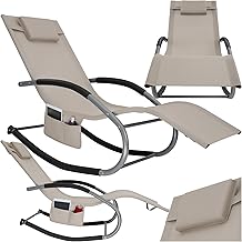 tectake Rocking Sun Lounger for Garden Lounger, Removable Cushion, Steel Frame, Padded Armrests, Breathable and Water-Repellent Textilene, Rocking Chair – Beige