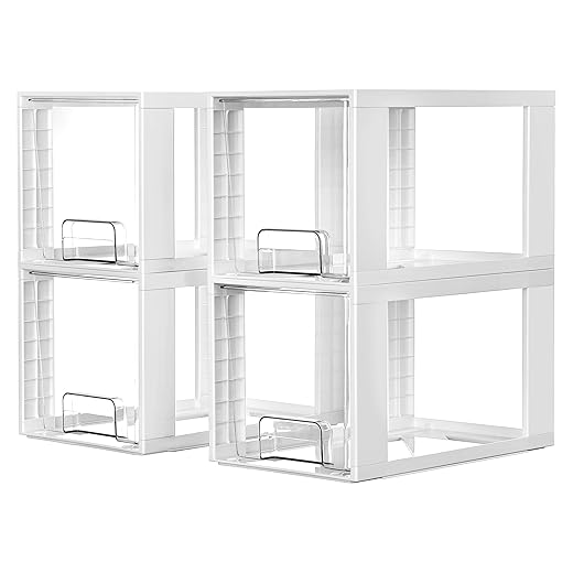 Vtopmart 4 Pack Large Stackable Storage Drawers,White,Easily Assemble Acrylic Bathroom Closet Undersink Organizers and Storage,Plastic Bins for Kitchen Cabinets,Pantry,Makeup,Medicine Organization