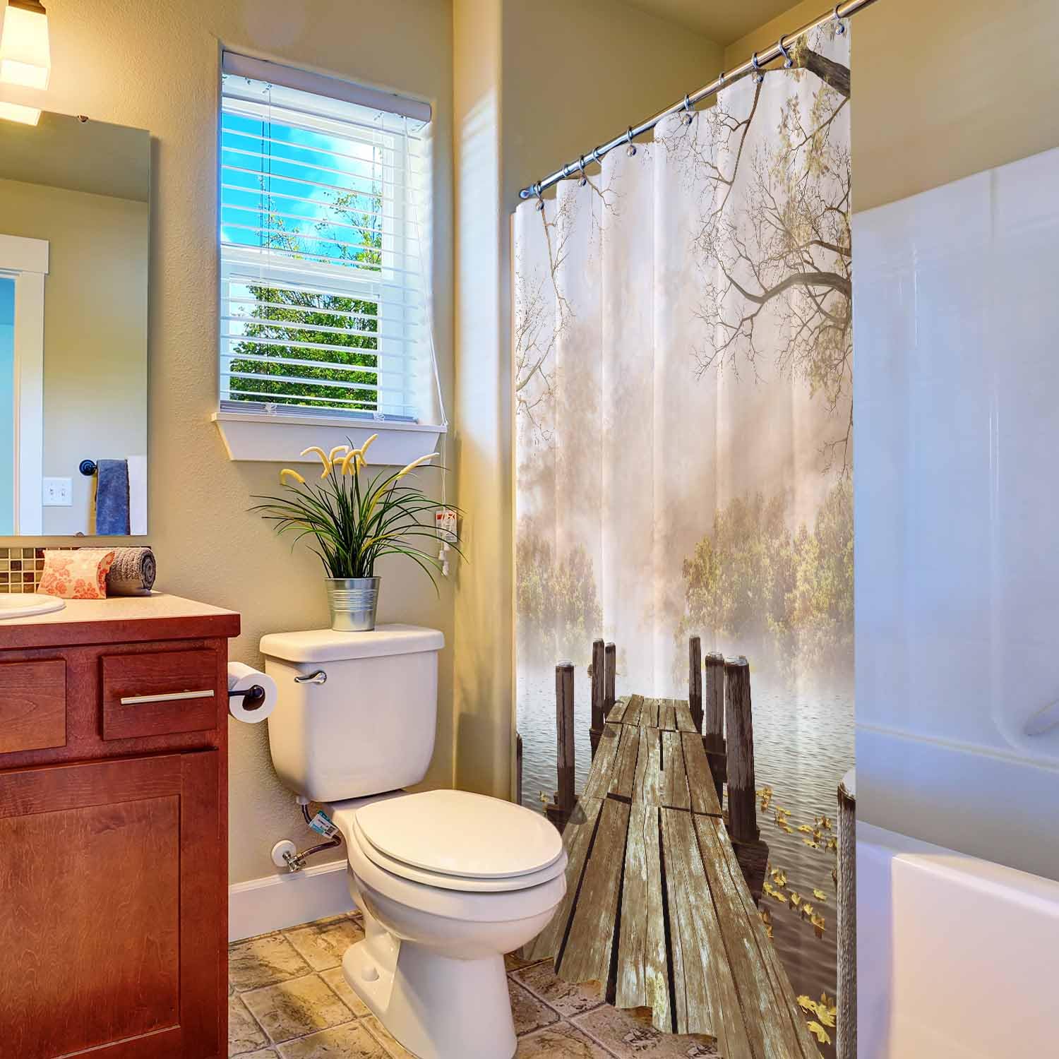 Woutay Shower Curtain Water Repellant Fabric Lakeside Scenery,Mould Proof Resistant,Polyester,with 12 Plastic Hooks - Image 4